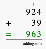 Calculate 924 + 39 using long addition