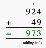 Calculate 924 + 49 using long addition