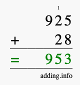 Calculate 925 + 28 using long addition
