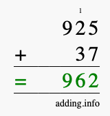 Calculate 925 + 37 using long addition