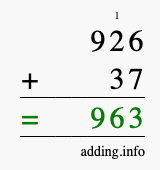 Calculate 926 + 37 using long addition