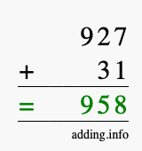 Calculate 927 + 31 using long addition