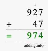 Calculate 927 + 47 using long addition