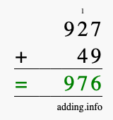Calculate 927 + 49 using long addition