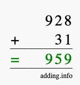 Calculate 928 + 31 using long addition