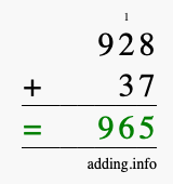 Calculate 928 + 37 using long addition