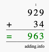Calculate 929 + 34 using long addition