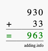 Calculate 930 + 33 using long addition