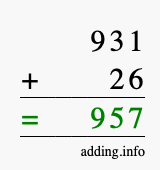 Calculate 931 + 26 using long addition