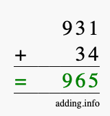 Calculate 931 + 34 using long addition