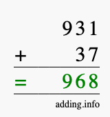 Calculate 931 + 37 using long addition