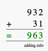 Calculate 932 + 31 using long addition