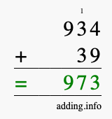 Calculate 934 + 39 using long addition