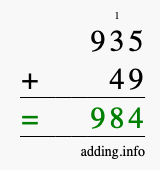 Calculate 935 + 49 using long addition