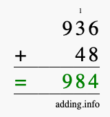 Calculate 936 + 48 using long addition
