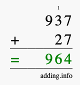 Calculate 937 + 27 using long addition