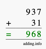 Calculate 937 + 31 using long addition