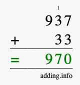 Calculate 937 + 33 using long addition
