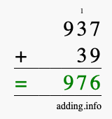 Calculate 937 + 39 using long addition