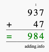 Calculate 937 + 47 using long addition