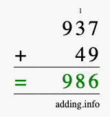 Calculate 937 + 49 using long addition