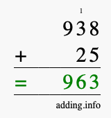 Calculate 938 + 25 using long addition