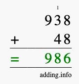Calculate 938 + 48 using long addition