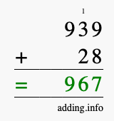 Calculate 939 + 28 using long addition