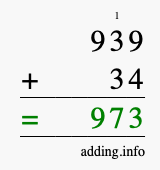 Calculate 939 + 34 using long addition