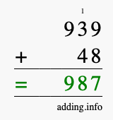 Calculate 939 + 48 using long addition
