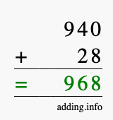 Calculate 940 + 28 using long addition