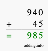 Calculate 940 + 45 using long addition