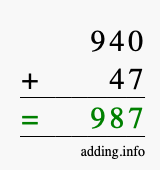 Calculate 940 + 47 using long addition