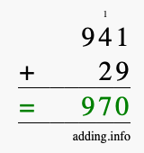 Calculate 941 + 29 using long addition