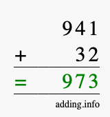 Calculate 941 + 32 using long addition