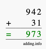 Calculate 942 + 31 using long addition
