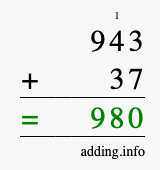 Calculate 943 + 37 using long addition