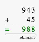 Calculate 943 + 45 using long addition