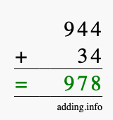 Calculate 944 + 34 using long addition