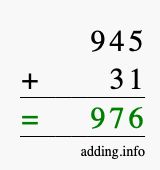 Calculate 945 + 31 using long addition