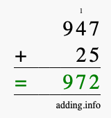 Calculate 947 + 25 using long addition