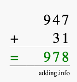 Calculate 947 + 31 using long addition