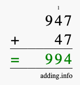Calculate 947 + 47 using long addition