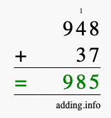 Calculate 948 + 37 using long addition