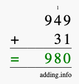 Calculate 949 + 31 using long addition