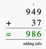 Calculate 949 + 37 using long addition