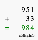 Calculate 951 + 33 using long addition