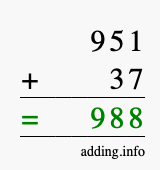 Calculate 951 + 37 using long addition