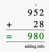 Calculate 952 + 28 using long addition