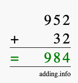 Calculate 952 + 32 using long addition